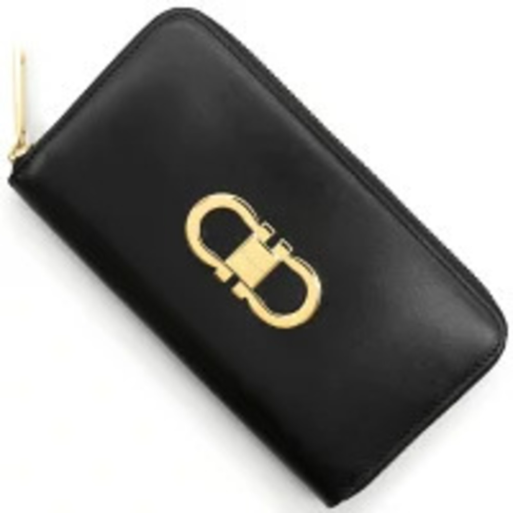 Salvatore Ferragamo Long Wallet Double Gancini Round Zipper Bi Black Flame Red